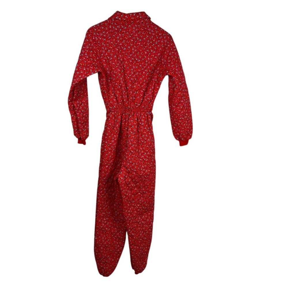 Vintage Wiman Red Floral Quilted Jumpsuit Sz Small Cottage Pajama Tie Waist 80s - Picture 2 of 15